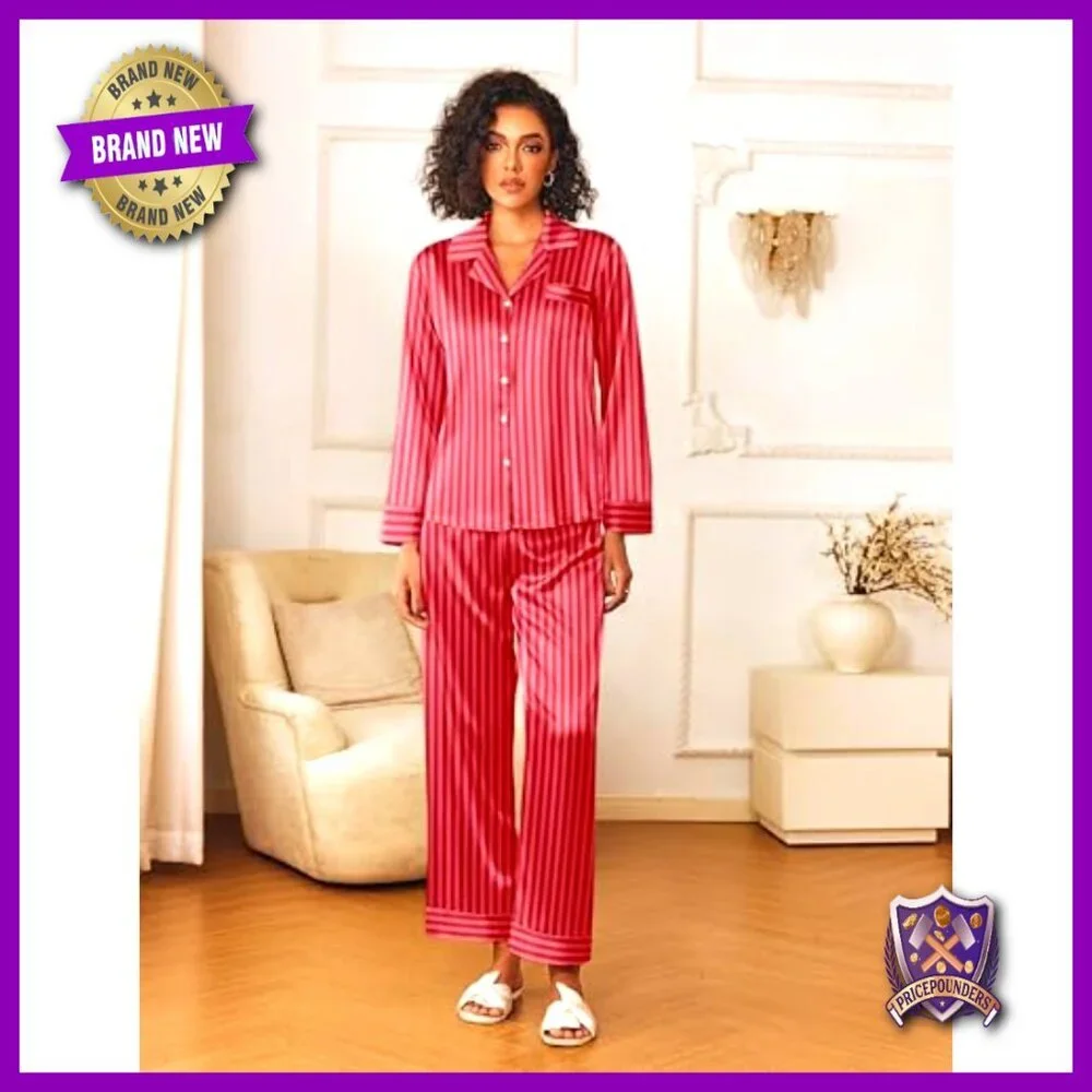 Silk Satin Pajama Set Long Sleeve Button Down Top and Pants Loungewear